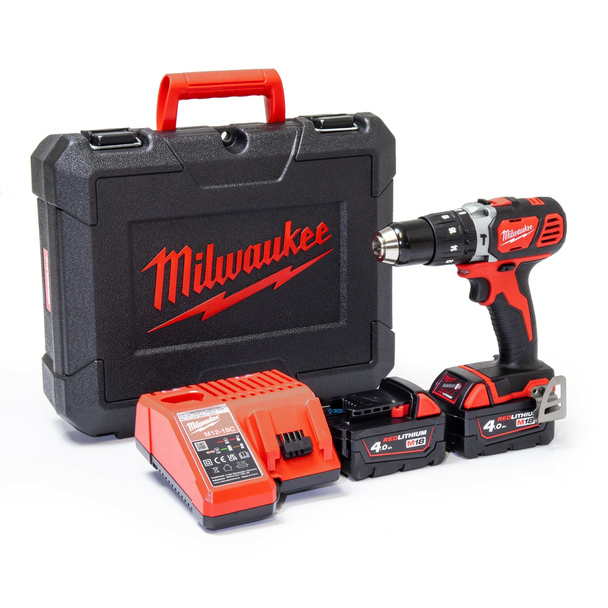 Milwaukee M18BPD-402C M18 18V Combi Drill Kit - 2x 4Ah Batteries, Charger and Case