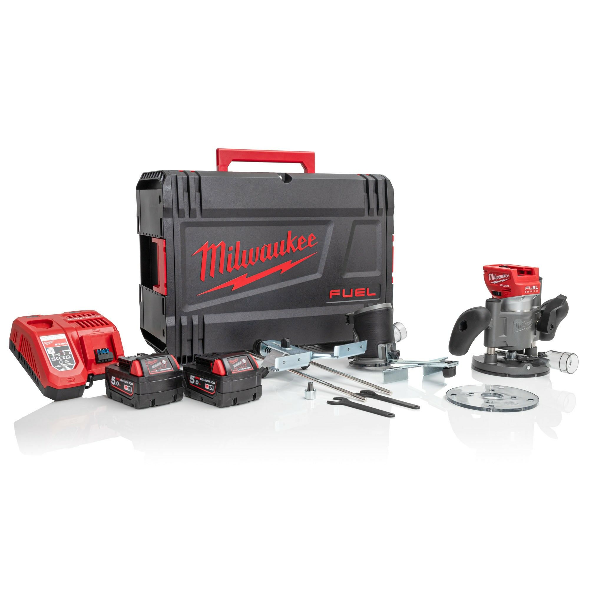 Milwaukee M18FTR-502X M18 FUEL™ 18V Compact Trim Router Kit - 2x 5Ah Batteries, Charger and Case
