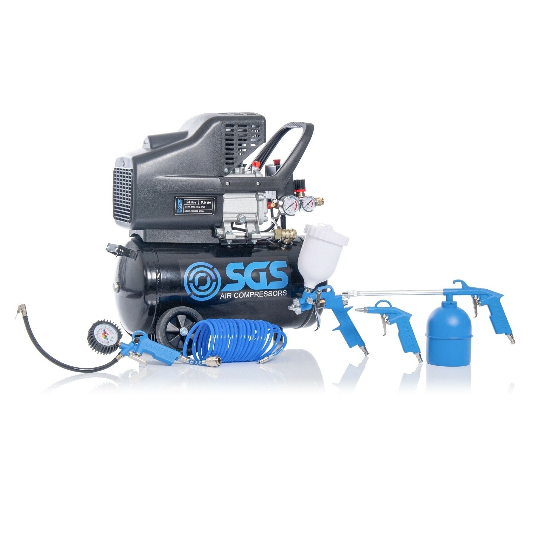 SGS 24 Litre Direct Drive Air Compressor & 5 Piece Tool Kit - 9.6CFM  2.5HP  24L