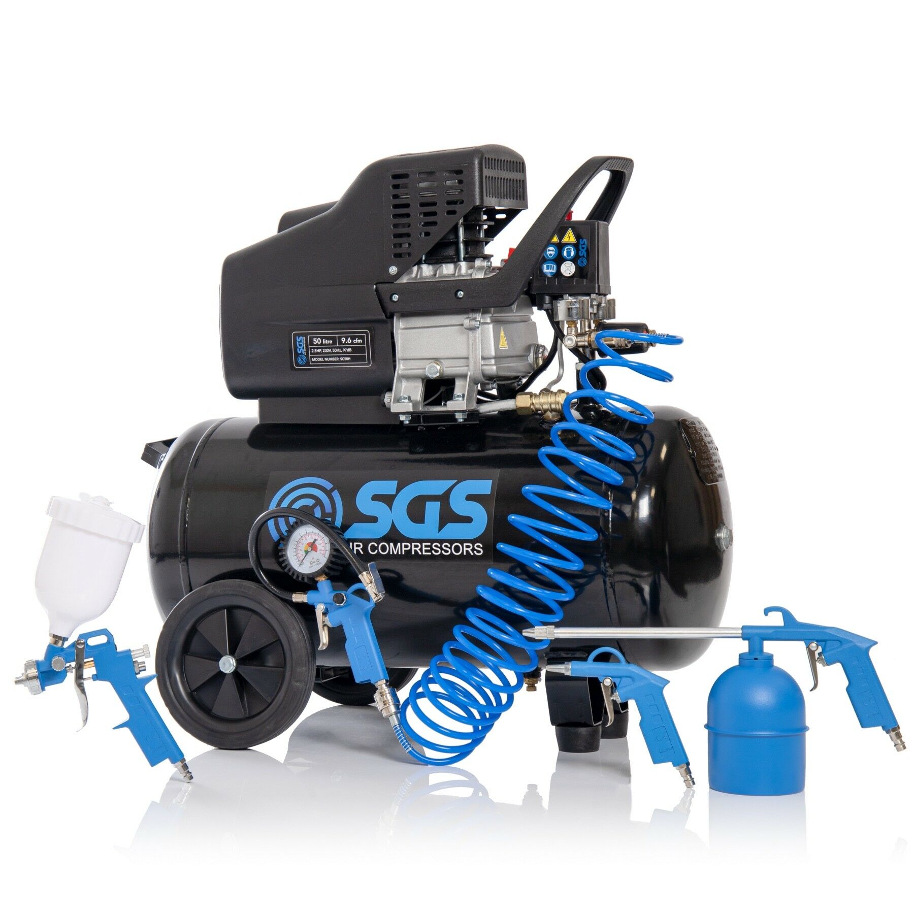 SGS 50 Litre Direct Drive Air Compressor & 5 Piece Tool Kit - 9.6CFM  2.5HP  50L