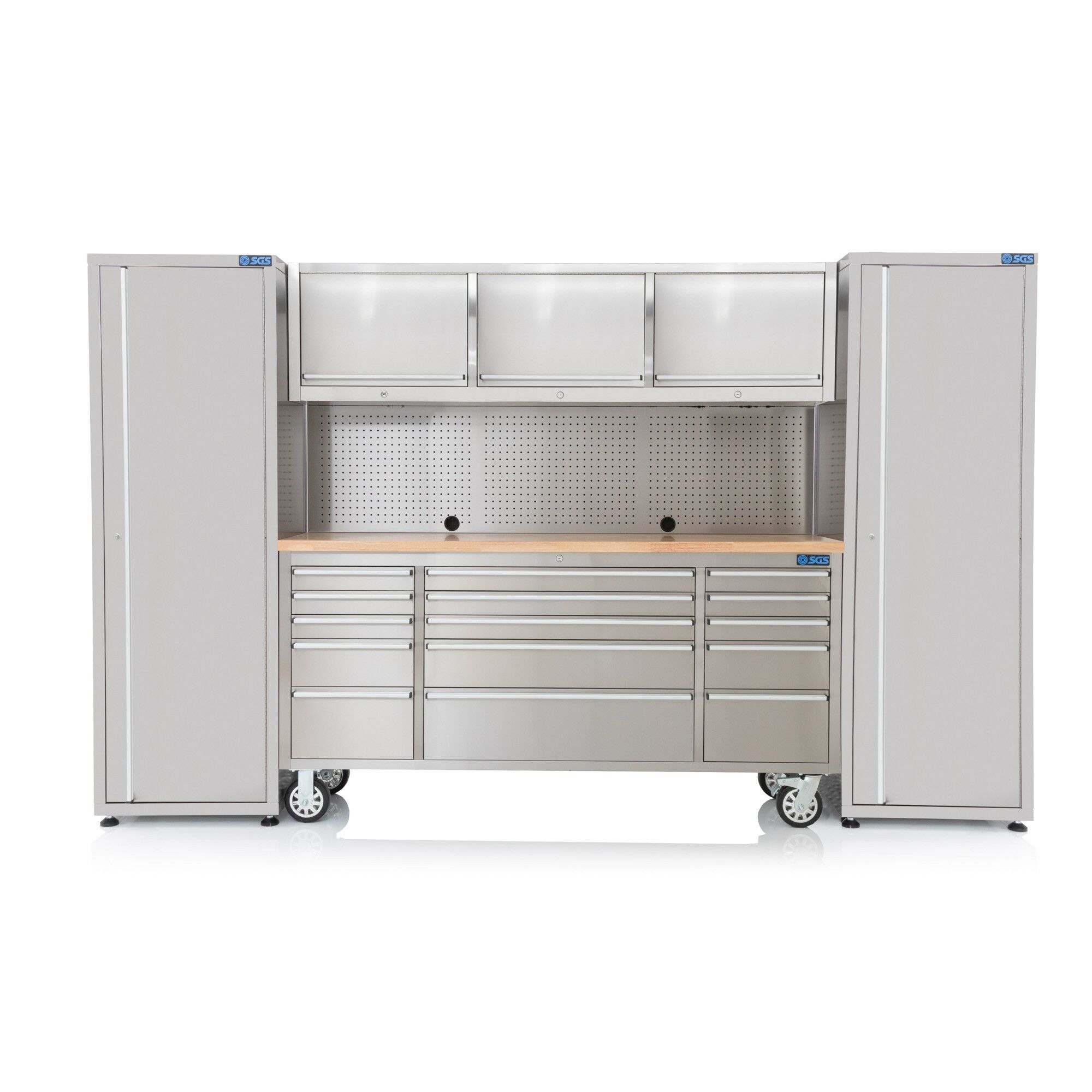 SGS Stainless Steel 15 Drawer Work Bench | 3 Upper Cabinets & 2 Side Cabinets